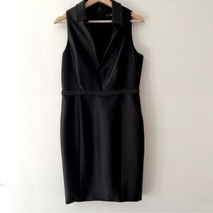 Badgley Mischka  Dress Cocktail Black Satin Collar Beaded Waist Size 10 Elegant